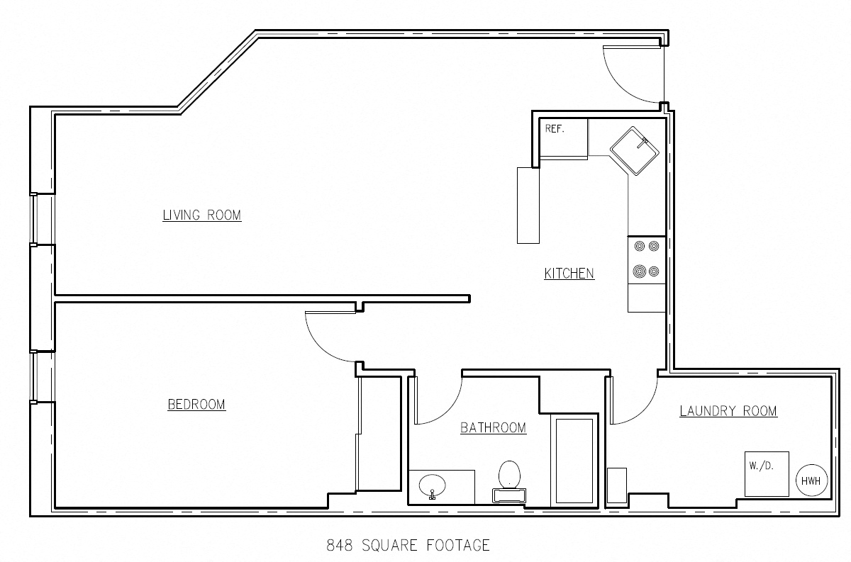 Floor plan for 1 bed, 1 bath, 749 sqft